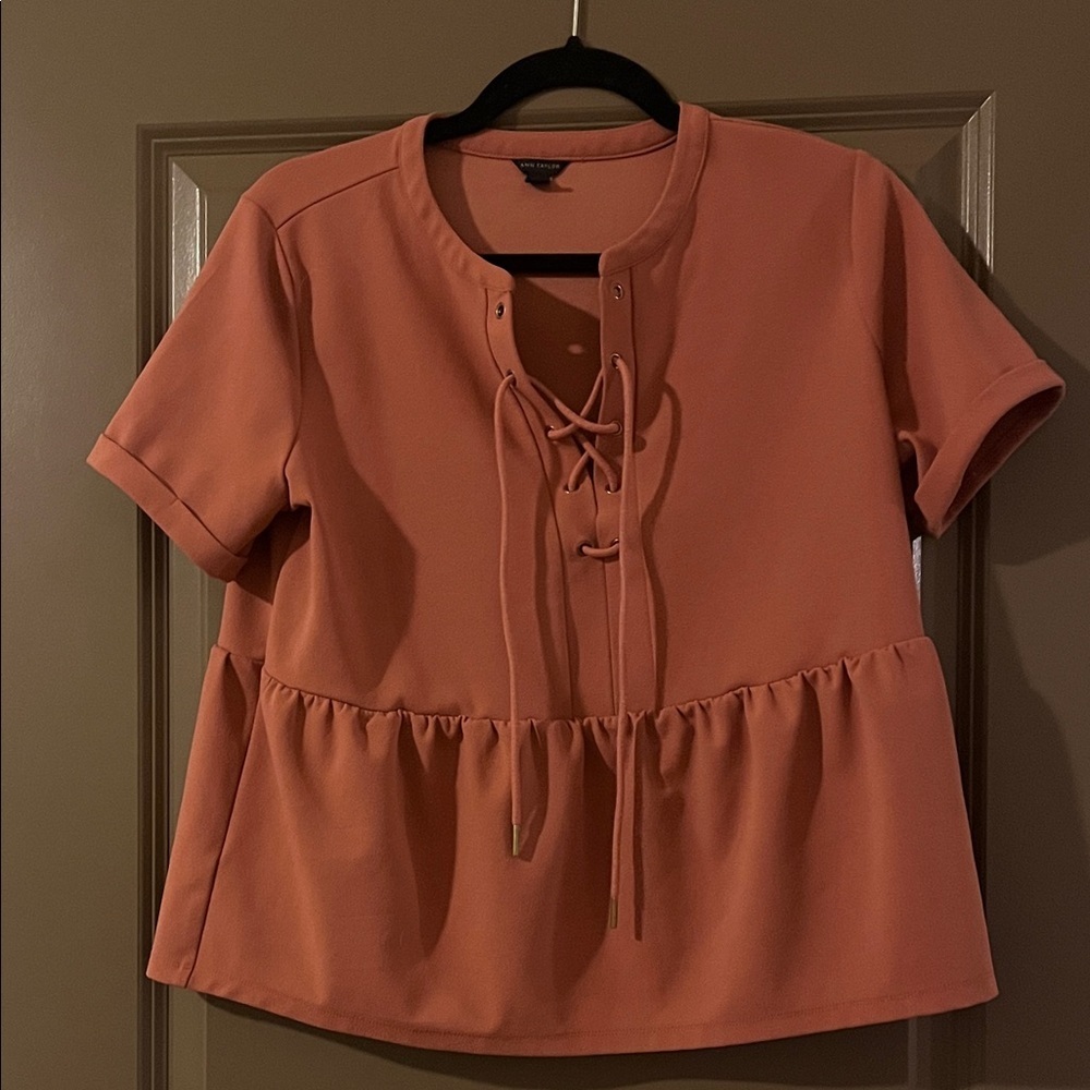 Ann Taylor Lace-Up Peplum Blouse - Rust